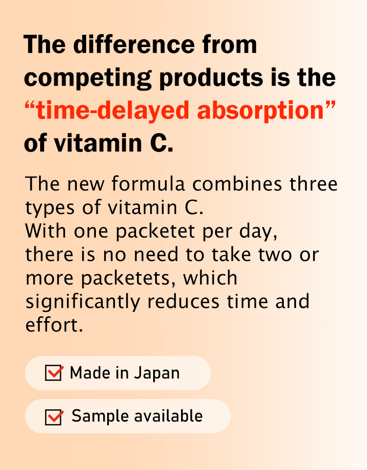 The difference from competing products is the time-delayed absorption of vitamin C. The new formula combines three types of vitamin C. With one packetet per day, there is no need to take two or more packetets, which significantly reduces time and effort.