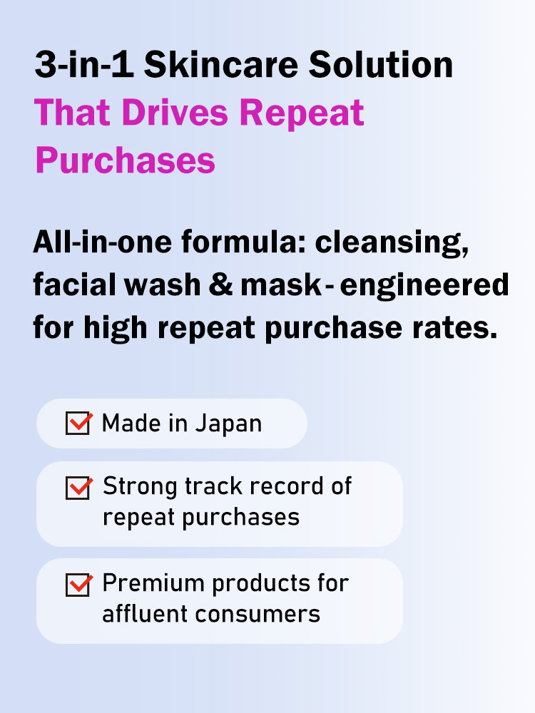 3-in-1 Skincare Solution All-in-one formula: cleansing, facial wash & mask - engineered for high repeat purchase rates. That Drives Repeat Purchases Made in japan Strong track record of repeat purchases Premium products for affluent consumers