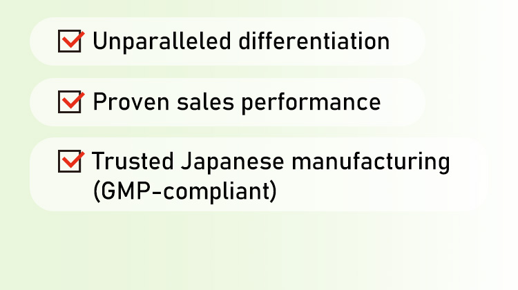Unparalleled differentiation / Proven sales performance / Trusted Japanese manufacturing (GMP-compliant)
